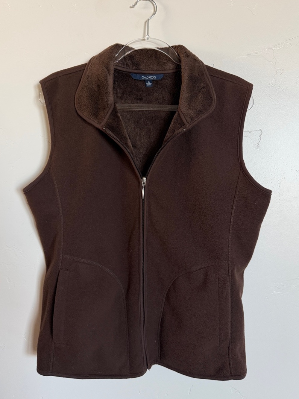 Chadwicks Dark Brown Fleece Zip Vest Faux Fur Lined Fall Vest